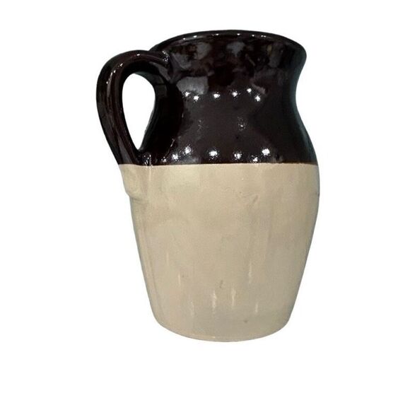 Vintage Stoneware Pottery Crock Pitcher 9" Brown Tan Two Tone with Handle - Picture 6 of 7